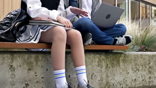 2人の可愛い高校生 男と女が校庭のベンチに腰を下ろしている 10代の若者はノートパソコンの画面を見て 何かを議論する楽しみがあります — ストック動画