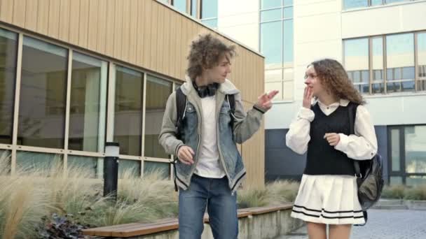 Zwei Süße Gymnasiasten Ein Junge Und Ein Mädchen Spazieren Durch — Stockvideo