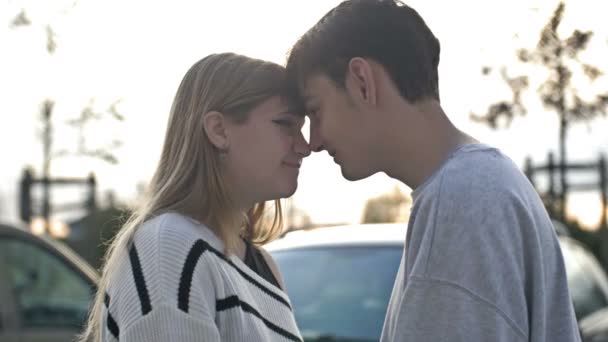 Couple Teenagers Love Standing Touching Each Others Foreheads First Love — Stock Video