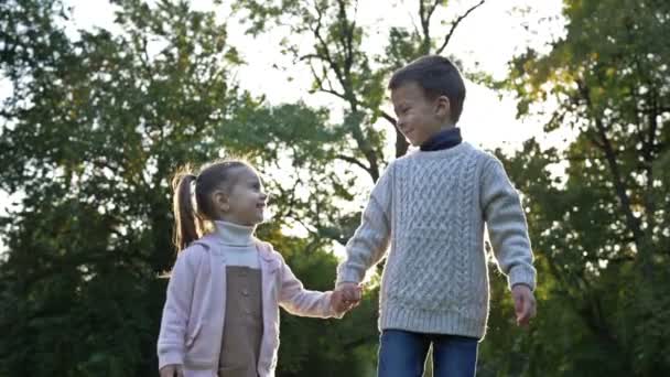 Két Kisgyerek Egy Idősebb Fiú Egy Fiatalabb Lány Sétálnak Parkban — Stock videók