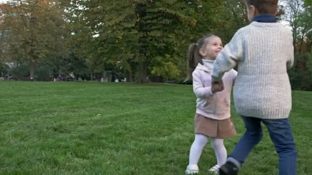 Küçük Çocuk Bir Büyük Oğlan Bir Küçük Kız Parkta Ele — Stok video