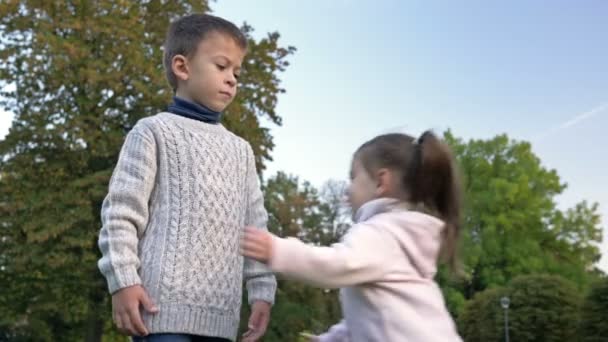 Little Girl Runs Her Older Brother Hugs Him — Stock Video