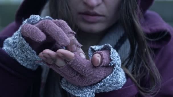 추위에 집없는 여자는 전단에서 주화를 — 비디오