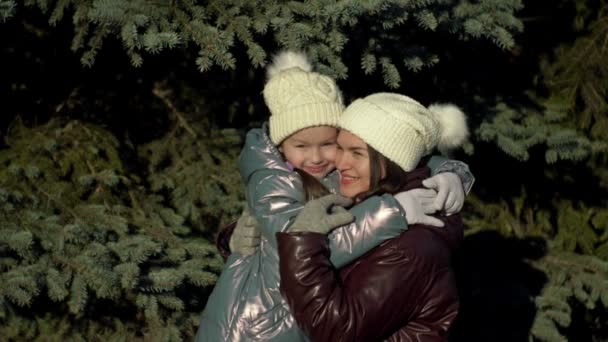 走在冬天的森林里 一个7 8岁的女孩温柔地拥抱着她的母亲 年轻女人指出了她女儿感兴趣的事 家庭假期 — 图库视频影像