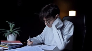 Teenager boy doing homework on his desk at home. HD.