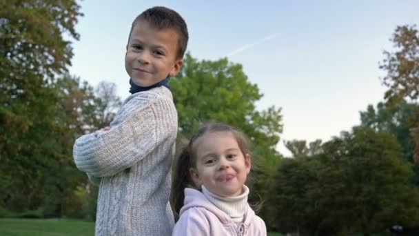 Summer Portrait Older Brother Little Sister Walk Children Having Fun — Stock Video