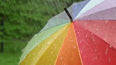 Rotating motley umbrella in the rain. 4K.