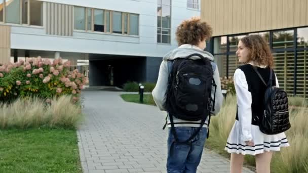 Zwei Gymnasiasten Ein Junge Und Ein Mädchen Gehen Den Unterricht — Stockvideo