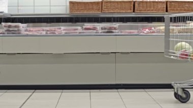 Küçük kız büyük bir alışveriş arabasını et vitrinlerinin önünden geçiriyor. Yardımcı. 4K.