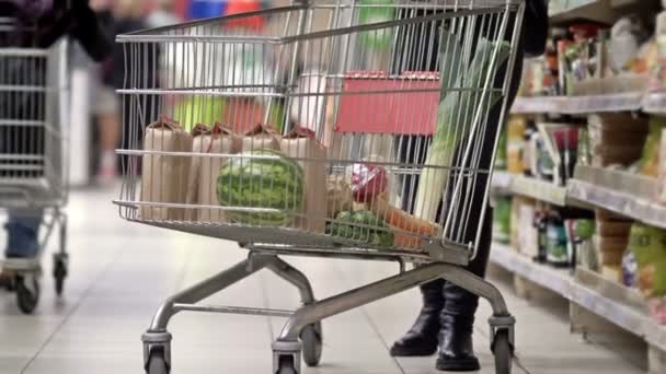 Nogi Kobiety Pchającej Wypełniony Wózek Spożywczy Supermarkecie Tłumaczenie — Wideo stockowe