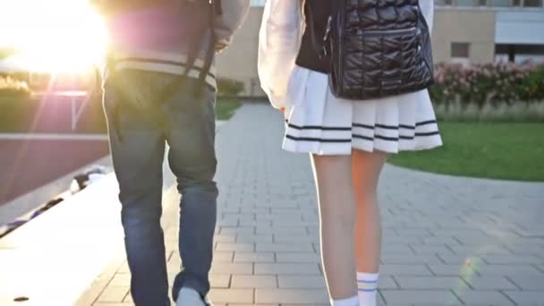 Dos Estudiantes Secundaria Chico Una Chica Están Caminando Por Patio — Vídeos de Stock