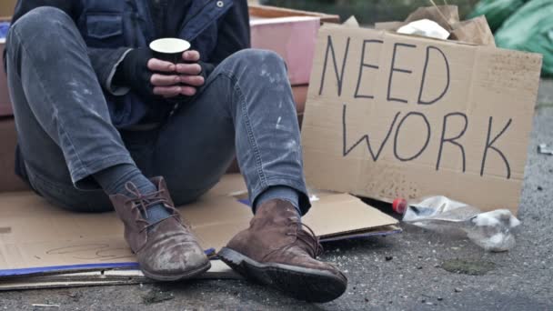 Homeless Man Shivering Cold Sits Cardboard Box Garbage Next Him — Stock Video