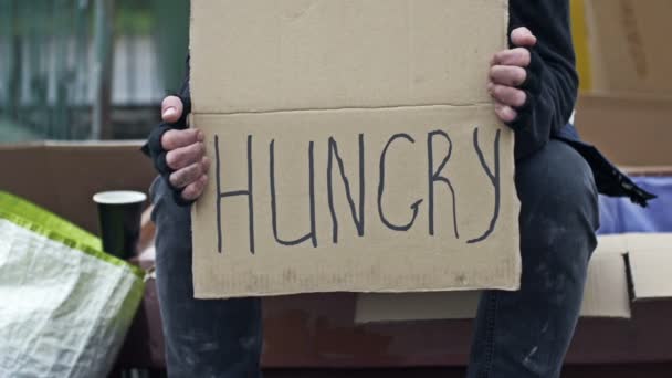 Dağınık Bir Adam Sokakta Oturuyor Elinde Bir Hungry Posteri Tutuyor — Stok video