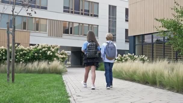 Niño Una Niña Estudiantes Primaria Están Caminando Por Patio Escuela — Vídeos de Stock