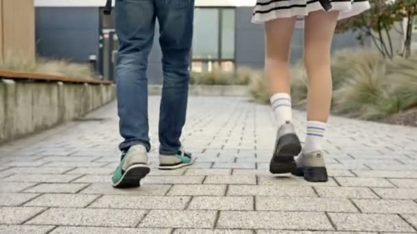 Két Középiskolás Egy Fiú Egy Lány Órára Mennek Tinédzserek Élénken — Stock videók