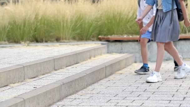 Nogi Małych Uczniów Spacerujących Szkolnym Podwórku Tłumaczenie — Wideo stockowe