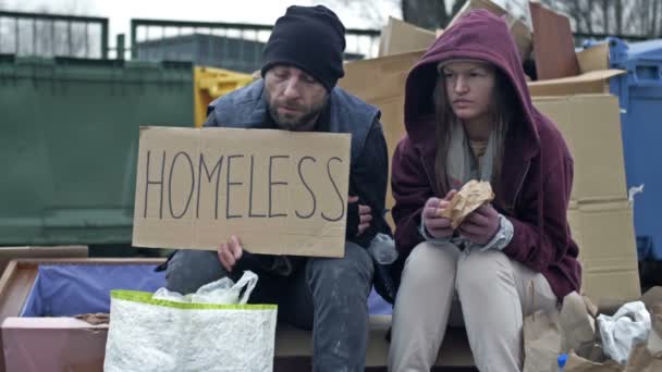 2人の汚く貧弱な服を着たホームレスの男性と女性は 手書きのHomelessポスターでゴミの山に座りました カップルは鳩の群れに怯えていた ハイビジョン — ストック動画