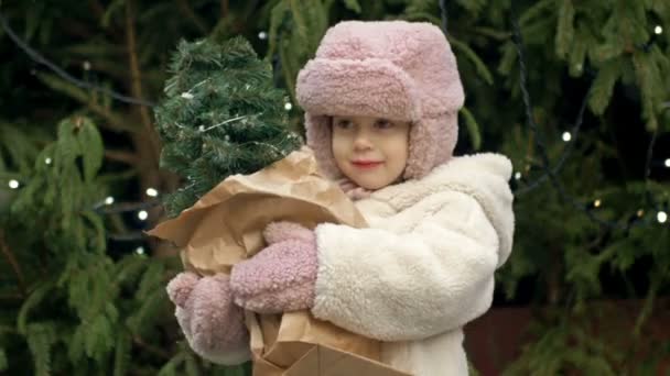 Noel Pazarında Elinde Küçük Bir Noel Ağacı Tutan Yaşlarında Bir — Stok video