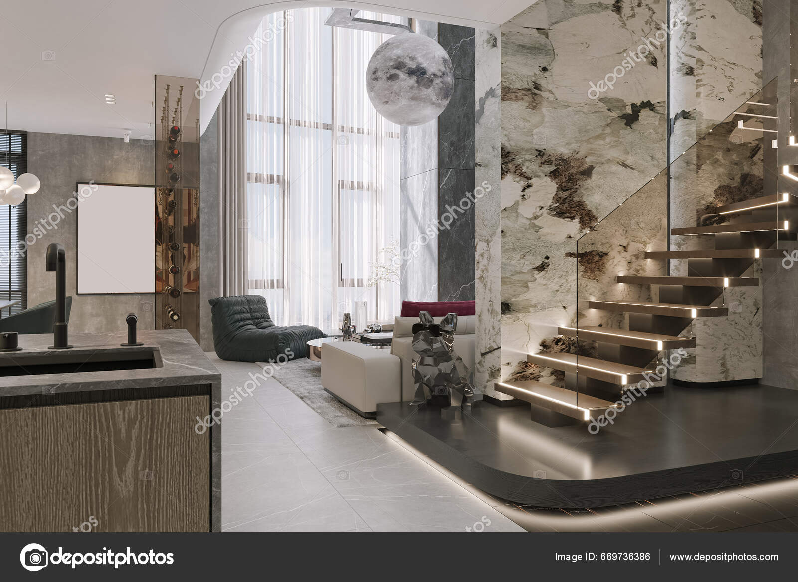 Diseño Interiores Sala Estar Para Una Decoración Pared Casa Dúplex — Foto  de stock #669736386 © cgistudiobd, image size:1600x1167