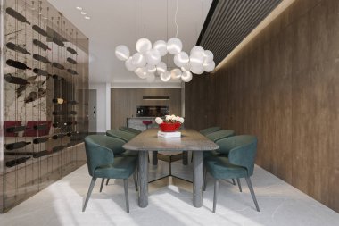 Duvar camı iç dizayn konseptinin yanında akıllı bir yemek masası.