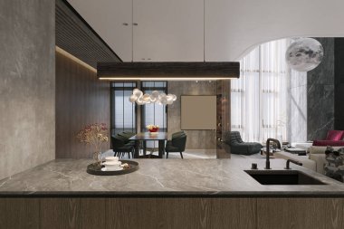 Oturma odasının dekorasyon malzemelerinden iç tasarım odaklı kichen görünümü