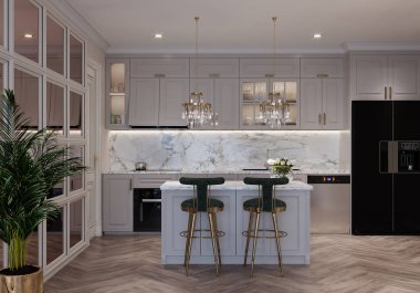 3D Çekici Açık Mutfak Siyah Stil Sandalyesi, Beyaz Mermer Arkaplan Konsepti, Ayna Duvarı Kabinesi, Avize