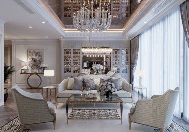 Elegant Living Room with Golden Accents and Stunning LED Lighting, Well Furnished, Expensive Concept clipart