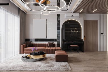 Şatafatlı Ev Dekorasyonu Akıllı Oturma Odası Avize ve LED Aydınlatma, Özel Koltuk ve Orta Masa, Piyano