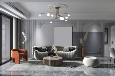 3d Sofa Sensation Designing a Cozy and Inviting Living Room Around Your Sofa, Arm Chair, Chandelier clipart