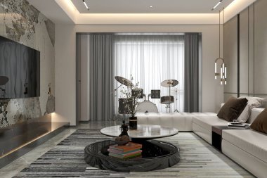 Konforlu ve davetkar iç tasarımı olan Modern Oturma Odası, Şık Koltuğun Arkasında Davul 3D