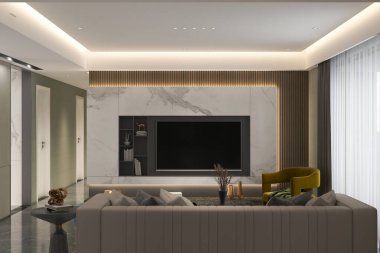 Akıllı bir oturma odası dekorasyonu daha iyi bir yaşam ve düşünce için ev yapımı 3 boyutlu illüstrasyon.