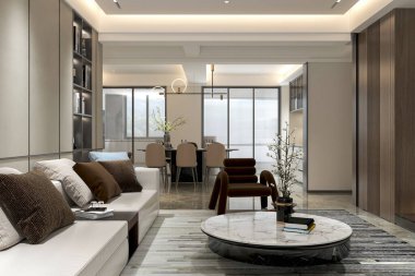 Mobilyalı, beyaz temalı, 3 boyutlu mobilya resimli bir oturma odası.