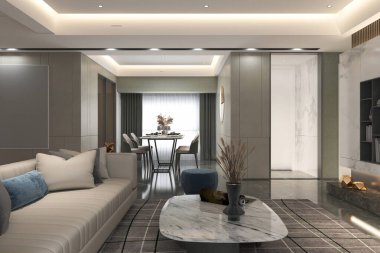 Kanepe, masa, yemek takımı ve daha fazlasının kurulduğu neşeli, mobilyalı bir oturma odası.