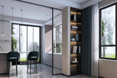 Boş uzay dekorasyonu üzerine akıllı bir yaşam fikri için vitrin uygulaması olan ev köşesi