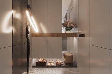 Akıllı yaşam fikirleri ve 3D konsepti için ayakkabı dolabının iç tasarımına sahip akıllı bir fuayeci.