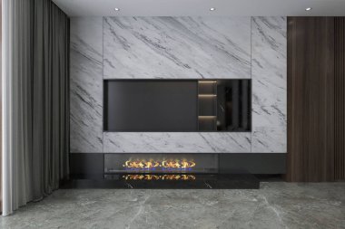 Akıllı Oturma Odası için Beyaz Mermer Döşemeli Modern Şömine İç Tasarımı