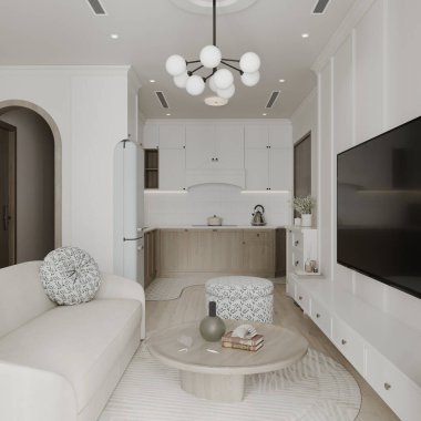 Studio Apartmanı. Oturma odası. İç dizaynı televizyon, beyaz kanepe, dondurucu masa.