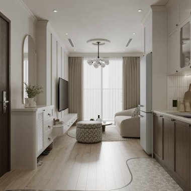 Açık Mutfak, oturma odası manzaralı mobilya ve camlı iç tasarım için.