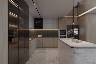 Mobilya tahsisi ile dolu akıllı bir yaşam için mutfak iç tasarımı.