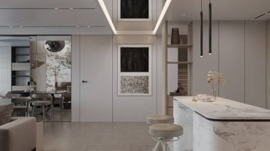 Açık mutfak oturma odası dekorasyonu ve mobilya düzenlemesi manzaralı.