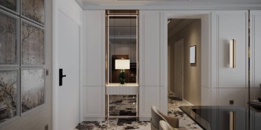 Tam mobilya ve ahşap yumuşak renk tasarımlı ev girişi lobisi tasarımı