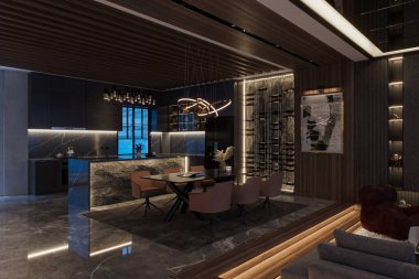 Lüks Yemek Odası İç dizayn ev dekorasyonu öğeleri 3 boyutlu illüstrasyon