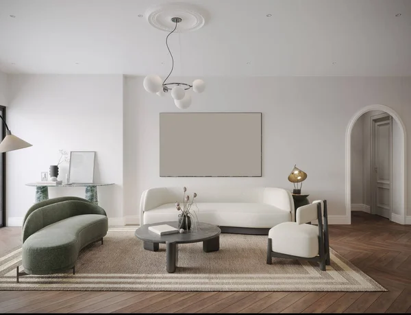 Diseño Interior Sala Estar Tema Blanco Sofá Marco Pintura Pared — Foto de Stock