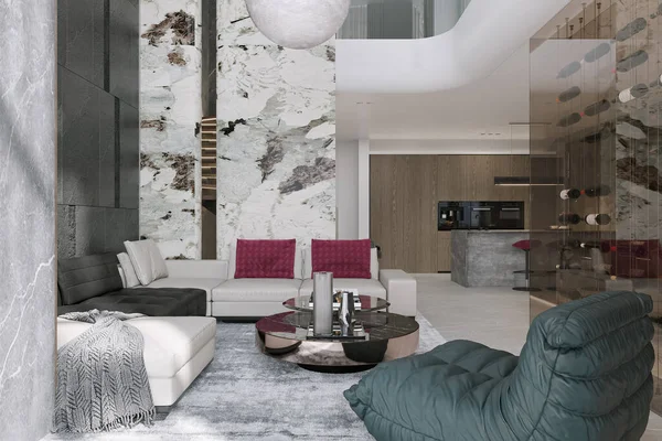 リビングルームのインテリアデザイン豪華な家具の概要と快適なソファーウォールの自己デザイン — ストック写真