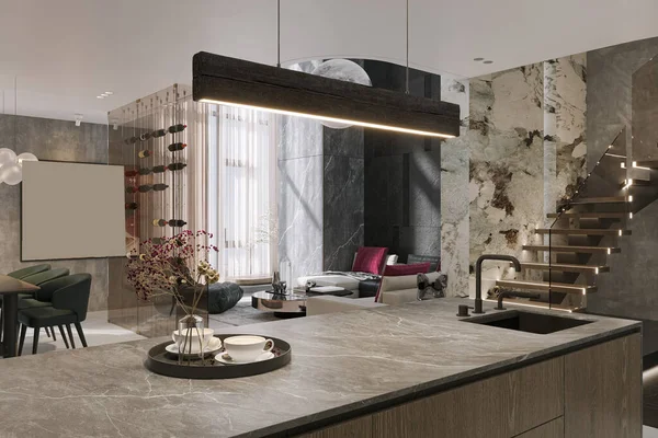 リビングルームのインテリアデザイン3Dイラストに置かれた豪華な家の装飾品 — ストック写真