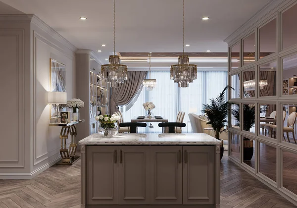 Moderne Smart Open Kitchen Mit Weißem Hintergrundkonzept Kronleuchter Und Luxuriösem — Stockfoto