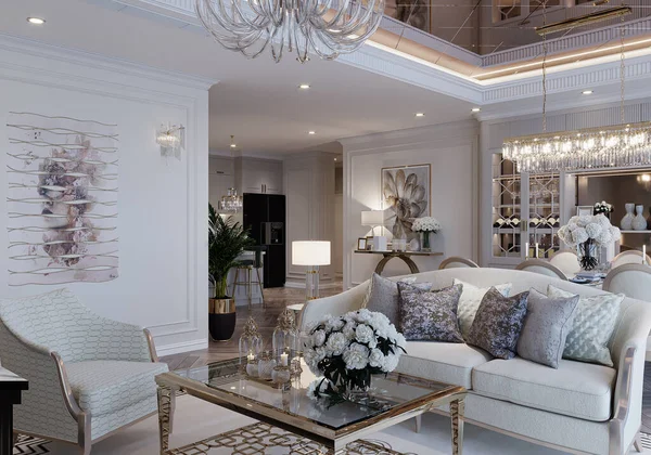 豪華なリビングルーム 白い背景とLed照明 スタイリッシュな家具 — ストック写真