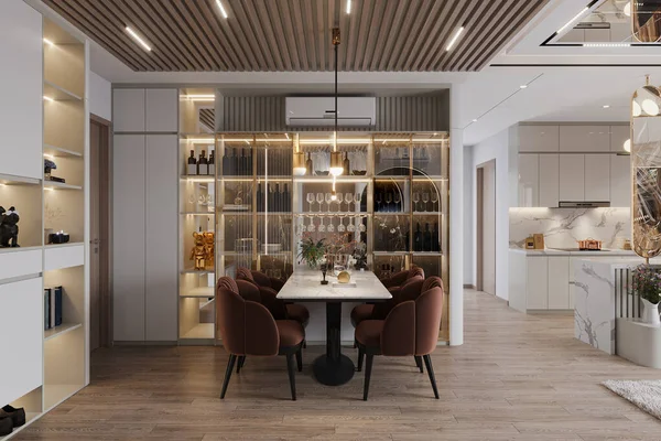 Smart Obývací Pokoj Elegantním Nábytkem Káva Zvýraznění Útulné Křeslo Wall — Stock fotografie