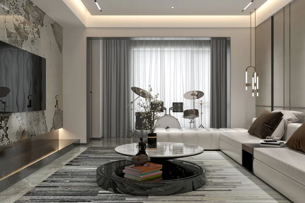 舒适舒适的现代客厅 室内设计吸引人 风格别致的索法室内3D鼓声 — 图库照片