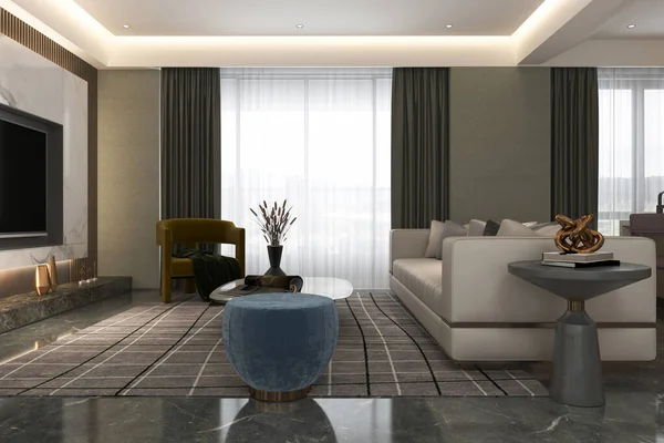 雅致的主题 白色舒适的沙发和扶手卡希尔的现代客厅空间 — 图库照片
